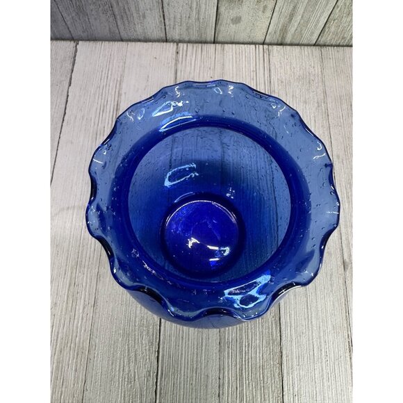 Vintage Cobalt Blue Bubble Glass Vase With Ruffled Collar 5.5" Tall Round Decor - Picture 3 of 7